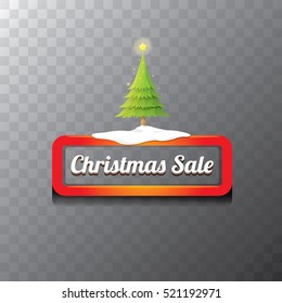 Christmas vector red glossy button with green cartoon christmas tree and christmas lights. web red christmas button with snow, ice border and transparent shadow