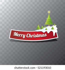 Christmas vector red glossy button with green cartoon christmas tree and christmas lights. web red christmas button with snow, ice border and transparent shadow