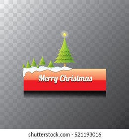 Christmas vector red glossy button with green cartoon christmas tree and christmas lights. web red christmas button with snow, ice border and transparent shadow