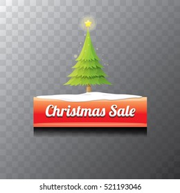 Christmas vector red glossy button with green cartoon christmas tree and christmas lights. web red christmas button with snow, ice border and transparent shadow
