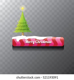 Christmas vector red glossy button with green cartoon christmas tree and christmas lights. web red christmas button with snow, ice border and transparent shadow