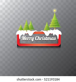 Christmas vector red glossy button with green cartoon christmas tree and christmas lights. web red christmas button with snow, ice border and transparent shadow