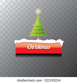 Christmas vector red glossy button with green cartoon christmas tree and christmas lights. web red christmas button with snow, ice border and transparent shadow