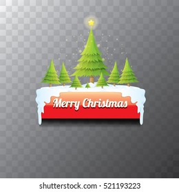 Christmas vector red glossy button with green cartoon christmas tree and christmas lights. web red christmas button with snow, ice border and transparent shadow