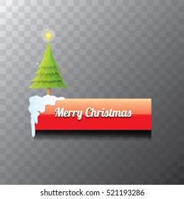 Christmas vector red glossy button with green cartoon christmas tree and christmas lights. web red christmas button with snow, ice border and transparent shadow