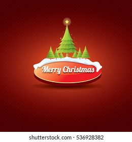 Christmas vector red glossy button with green cartoon christmas tree and christmas lights on red classic background. web red christmas button with snow, ice border design elements