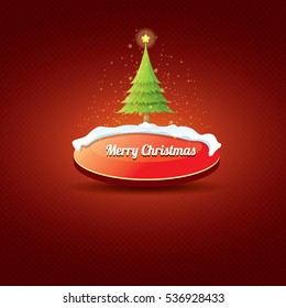 Christmas vector red glossy button with green cartoon christmas tree and christmas lights on red classic background. web red christmas button with snow, ice border design elements