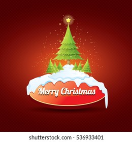 Christmas vector red glossy button with green cartoon christmas tree and christmas lights on red classic background. web red christmas button with snow, ice border design elements