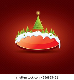 Christmas vector red glossy button with green cartoon christmas tree and christmas lights on red classic background. web red christmas button with snow, ice border design elements