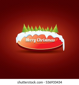 Christmas vector red glossy button with green cartoon christmas tree and christmas lights on red classic background. web red christmas button with snow, ice border design elements
