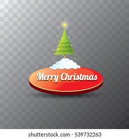 Christmas vector red glossy button with green cartoon christmas tree and christmas lights. web red button with snow, ice border and transparent shadow