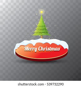 Christmas vector red glossy button with green cartoon christmas tree and christmas lights. web red button with snow, ice border and transparent shadow
