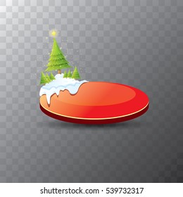 Christmas vector red glossy button with green cartoon christmas tree and christmas lights. web red button with snow, ice border and transparent shadow
