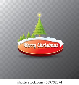 Christmas vector red glossy button with green cartoon christmas tree and christmas lights. web red button with snow, ice border and transparent shadow