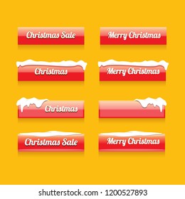 Christmas vector red glossy buttons set isolated on orange background. web red christmas sale buttons with snow, ice border