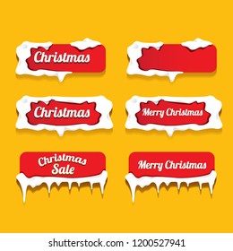 Christmas vector red glossy buttons set isolated on orange background. web red christmas sale buttons with snow, ice border