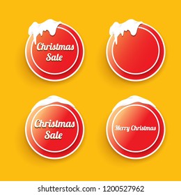 Christmas vector red glossy buttons set isolated on orange background. web red christmas sale buttons with snow, ice border
