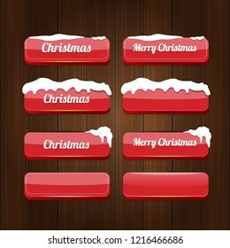 Christmas vector red glossy buttons set isolated on vintaeg wooden sign background. web red christmas sale buttons with snow, ice border