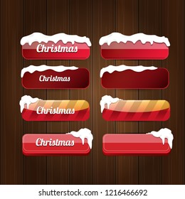 Christmas vector red glossy buttons set isolated on vintaeg wooden sign background. web red christmas sale buttons with snow, ice border