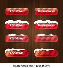 Christmas vector red glossy buttons set isolated on vintaeg wooden sign background. web red christmas sale buttons with snow, ice border