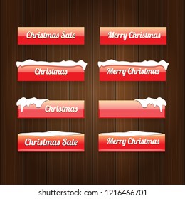 Christmas vector red glossy buttons set isolated on vintaeg wooden sign background. web red christmas sale buttons with snow, ice border