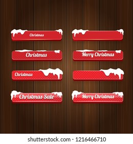 Christmas vector red glossy buttons set isolated on vintaeg wooden sign background. web red christmas sale buttons with snow, ice border