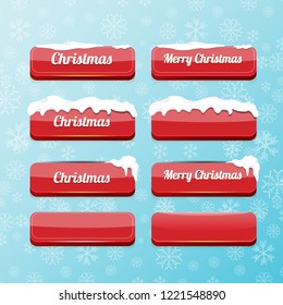 Christmas vector red glossy buttons set isolated on blue background with snowflakes. web red christmas sale buttons with snow, ice border