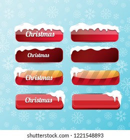 Christmas vector red glossy buttons set isolated on blue background with snowflakes. web red christmas sale buttons with snow, ice border