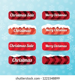Christmas vector red glossy buttons set isolated on blue background with snowflakes. web red christmas sale buttons with snow, ice border