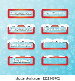 Christmas vector red glossy buttons set isolated on blue background with snowflakes. web red christmas sale buttons with snow, ice border