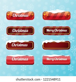 Christmas vector red glossy buttons set isolated on blue background with snowflakes. web red christmas sale buttons with snow, ice border