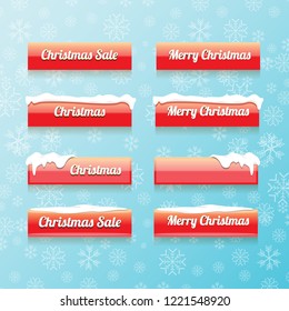 Christmas vector red glossy buttons set isolated on blue background with snowflakes. web red christmas sale buttons with snow, ice border