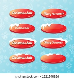 Christmas vector red glossy buttons set isolated on blue background with snowflakes. web red christmas sale buttons with snow, ice border