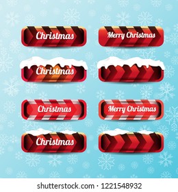 Christmas vector red glossy buttons set isolated on blue background with snowflakes. web red christmas sale buttons with snow, ice border