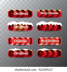 Christmas vector red glossy buttons set with transparent shadow. web red christmas buttons with snow, ice border and merry christmas text
