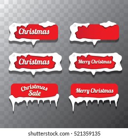 Christmas vector red glossy buttons set with transparent shadow. web red christmas buttons with snow, ice border and merry christmas text