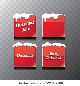 Christmas vector red glossy buttons set with transparent shadow. web red christmas buttons with snow, ice border and merry christmas text
