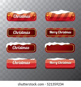 Christmas vector red glossy buttons set with transparent shadow. web red christmas buttons with snow, ice border and merry christmas text