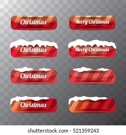 Christmas vector red glossy buttons set with transparent shadow. web red christmas buttons with snow, ice border and merry christmas text