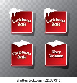 Christmas vector red glossy buttons set with transparent shadow. web red christmas buttons with snow, ice border and merry christmas text