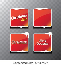 Christmas vector red glossy buttons set with transparent shadow. web red christmas buttons with snow, ice border and merry christmas text