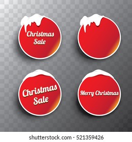 Christmas vector red glossy buttons set with transparent shadow. web red christmas buttons with snow, ice border and merry christmas text