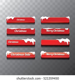 Christmas Vector Red Glossy Buttons Set With Transparent Shadow. Web Red Christmas Buttons With Snow, Ice Border And Merry Christmas Text