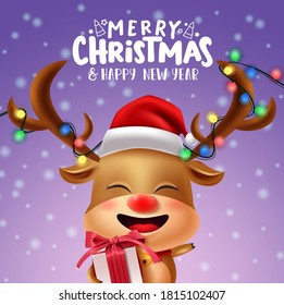 Christmas vector reindeer character banner design. Merry christmas text with cute reindeer animal character with gift and colorful lights element in snowflakes background. Vector illustration 
