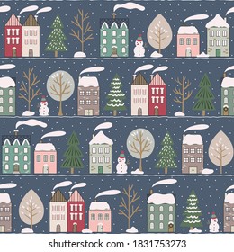 Christmas vector repeat pattern night street, hand-drawn houses, trees and cute little snowmen.