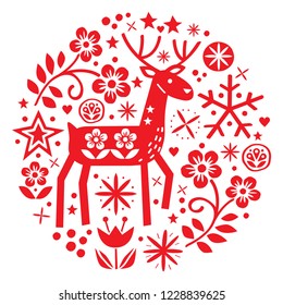 	
Christmas vector round design with reindeer, flowers, cute Scandinavian folk art pattern in red on white background - Merry Christmas decoration. Cute Scandinavian style retro greeting card 