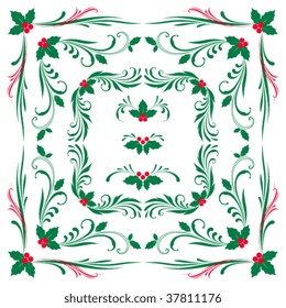 Christmas vector scroll and corner design with holly leaves. Elements can be ungrouped for easy editing.