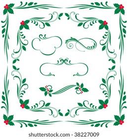 Christmas vector scroll and corner design with holly leaves. Elements can be ungrouped for easy editing.
