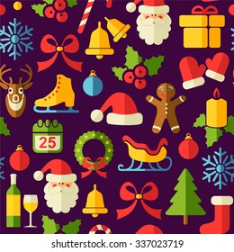Christmas vector seamless background on purple with flat icons 