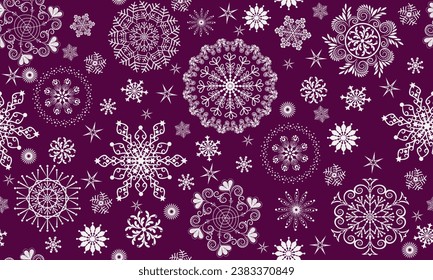 Christmas vector seamless bicolor handwork pattern with stars and white snowflakes on purple background